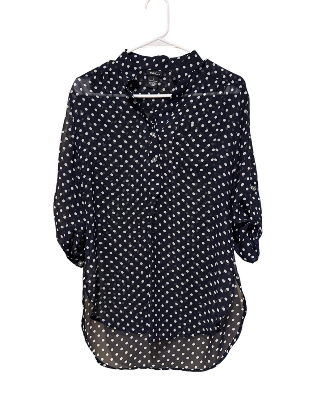 Rue21 Navy and‎ White Polka Dot Sheer Button-Front Blouse
